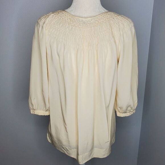 VINCE blouse cream ivory smocked neck silk 3/4 sleeve top S - Picture 4 of 7